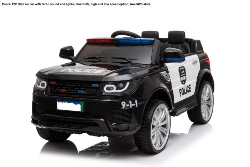 666-Kids Police Ride On Car 12V with Sound and Lights Bluetooth-Black